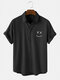 Mens Smile Emojis Print Lapel Short Sleeve Casual Shirt - Black