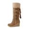 Large Size Stitching Suede Tassel Slip On Wedges Knee High Boots - Brown