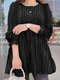 Women Polka Dot Tiered Design Crew Neck Long Sleeve Blouse - Black