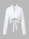 Solid Cut Out Tie Long Sleeve Lapel Crop Top - White