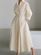 Solid Pocket Button Lapel Long Sleeve Maxi Shirt Casual Dress - Apricot
