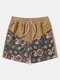 Mens Floral Print Patchwork Corduroy Loose Drawstring Shorts - Khaki