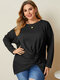 Casual Solid Color O-neck Long Sleeve Plus Size Knotted Blouse - Black