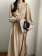 Solid Tie Back Pleated Crew Neck Long Sleeve Casual Dress - Khaki