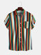 Mens Cool Rainbow Striped Chest Pocket Short Sleeve Shirts - Green