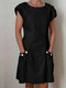 Women Casual Dress Short Sleeve Pockets Buttoned Summer Dresses - Black