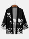 Mens Monochrome Japanese Style Cloud Print Open Front Loose Kimono - Black