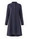 Casual Solid Stand Collar High Low Shirt Dress For Women  - Navy
