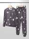 Women Allover Stars Hearts Print O-Neck Drawstring Beam Feet Pants Two Pieces Pajamas - Grey