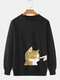 Mens Cartoon Cat Hand Print Crew Neck Pullover Sweatshirts - Black