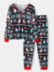 Women Allover Christmas Pattern Print V-Neck Button Sleepwear Home Long Pajamas Set - Navy