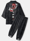 Mens Chinese Dragon Back Print Kimono Street Cropped Two Pieces Outfits - Black