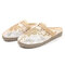 Women Comfy Closed Round Toe Floral Embroidery Mesh Flat Slippers - Beige