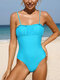 Women Solid Color Ruched Spaghetti Straps Bandage Back One Piece Swimsuit - Blue