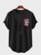 Camisetas de manga corta con dobladillo curvo y estampado en el pecho chino Dragón para hombre - Negro
