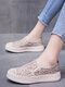 Women Casual Floral Embroidered Lace Platform Lazy Sneakers - Beige