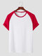 Mens Contrast Patchwork Crew Neck Casual Raglan Sleeve T-Shirts - Red