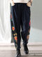 Calico Printed Elastic Waist Patchwork Corduroy Pants For Women - Navy Blue