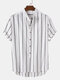 Mens Stripe Pattern Short Sleeve Button Stand Collar Shirt - أبيض