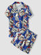 Mens Floral Letter Graphics Revere Collar Holiday Two Pieces Outfits - Blue
