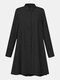 Women Solid Color Button Lapel Long Sleeve Casual Blouse - Black