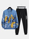 Mens Letter Brush Stroke Print Crew Neck Street Two Pieces Outfits - Blue