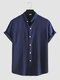 Mens Plaid Stand Collar Button Up Casual Short Sleeve Shirts - Dark Blue