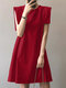 Сплошной низ с рюшами и круглым вырезом Шея Повседневный рукав с короткими рукавами Платье - Красный