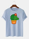 Men 100% Cotton Cactus Printed Casual T-Shirt - Blue