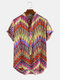 Men Ethnic Colorful Geometric Striped Printed Stand Collar Casual Henley Shirt - Red