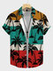 Herren-Urlaubs-Kurzarmhemden mit Kokosnussbaum-Print und Farbblock - Mehrfarbig