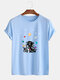 Mens Cartoon Planets Astronaut Print O-Neck Casual Loose T-Shirt - Blue