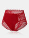 Plus Size Women Floral Lace See Through Breathable High Waisted Panties - Red