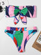 Women Color Block Print Tie Front Bandeau Strapless High Waist Bikinis - #2