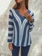 Irregular Stripe V-neck Long Sleeve Vintage Plus Size Knit Blouse - Navy