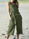 Solid Pocket Sleeveless Square Collar Jumpsuit With Belt - Green