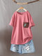 Solid Color Patchwork Pocket Casual O-neck T-shirt - Pink