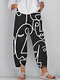 Abstract Art Illustration Print Slit Hem Elastic Waist Pocket Pants - Black