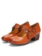 Socofy Genuine Leather Floral Embellished Hook & Loop Soft Comfy Round Toe Retro Mary Jane Heels - Brown