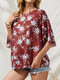 Bohemian Floral Print Split 3/4 Sleeve Plus Size Blouse - Red