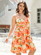 Plus Size Spaghetti Floral Print Backless Design Sleeveless Dress - Orange