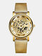 3 Colors Stainless Steel Alloy Men Business Carved Hollow Dial Watch Decorated Pointer Quartz Watch - Gold