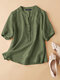 Solid Button Stand Collar Half Sleeve Casual Blouse - Army Green