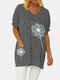 Flower Printed Short Sleeve V-neck T-shirt For Women - Grey