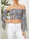 Women Holiday Off-shoulder Bell Long Sleeve Calico Print Blouse - Gray