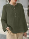 Solid Long Sleeve Button Front Crew Neck Blouse - Verde escuro