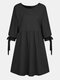 Frauen einfarbig O-Ausschnitt Langarm geknotet Mini Casual Kleid - Schwarz
