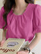 Solid Puff Sleeve Smocked Crew Neck Casual Blouse - Rose