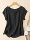 Women Lace Splice Notched Neck Casual Short Sleeve Blouse - Black