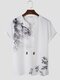 Mens Chinese Bamboo Print Lace Up Texture High Low Hem T-Shirts - White